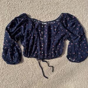 American Eagle Navy Blue Floral Off the Shoulder Long Sleeve Crop Top SMALL NWT